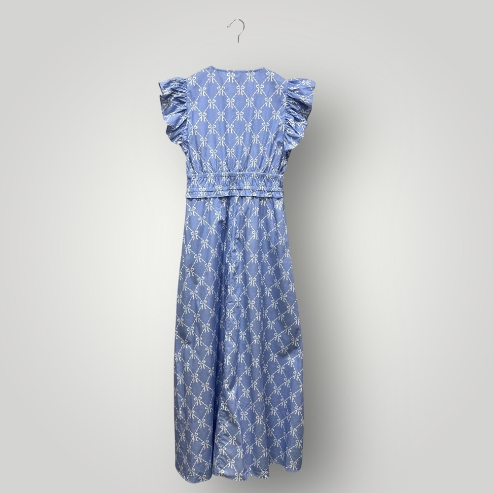 Sail to Sable Hydrangea Bow Print Flutter Sleeve V Neck Maxi Dress Blue SP25T5 S - Picture 6 of 9